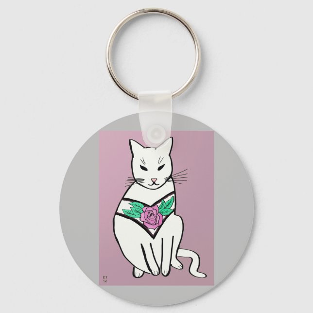 Cat with Rose Collar Keychain (Front)