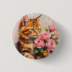 Cat with Roses 1 Inch Round Button