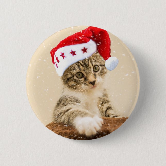 Cat with santa cap 2 inch round button (Front)