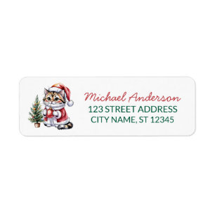 Cat with Santa Hat Christmas tree Return Address  