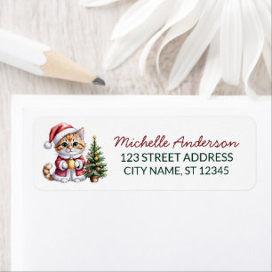 Cat with Santa Hat Christmas tree Return Address  