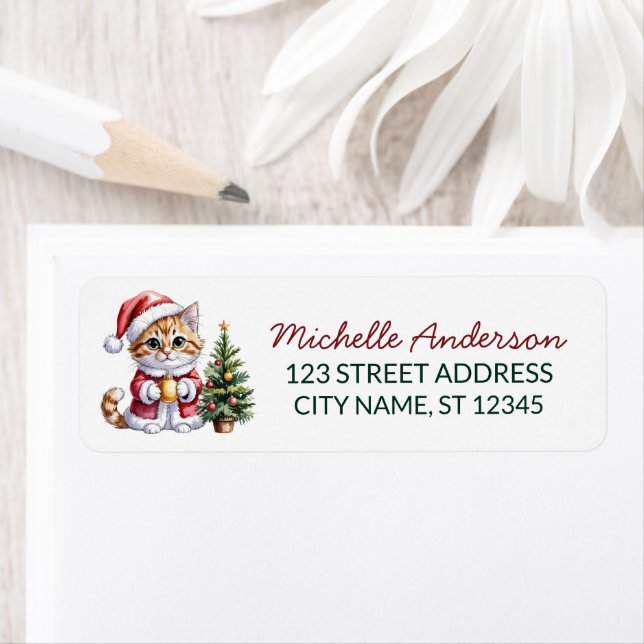 Cat with Santa Hat Christmas tree Return Address   (Insitu)