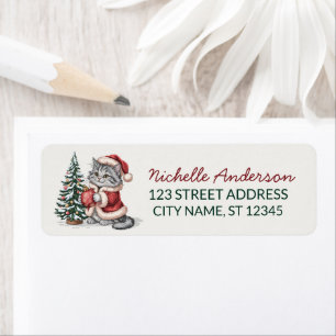 Cat with Santa Hat Christmas tree Return Address  