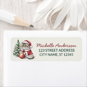 Cat with Santa Hat Christmas tree Return Address  