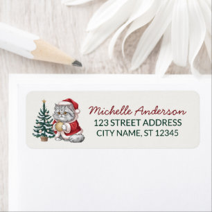 Cat with Santa Hat Christmas tree Return Address  