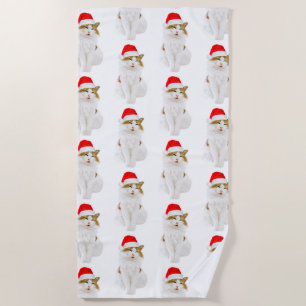 Cat with Santa's Hat Beach Towel