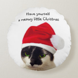 Cat with Santa's Hat Round Pillow