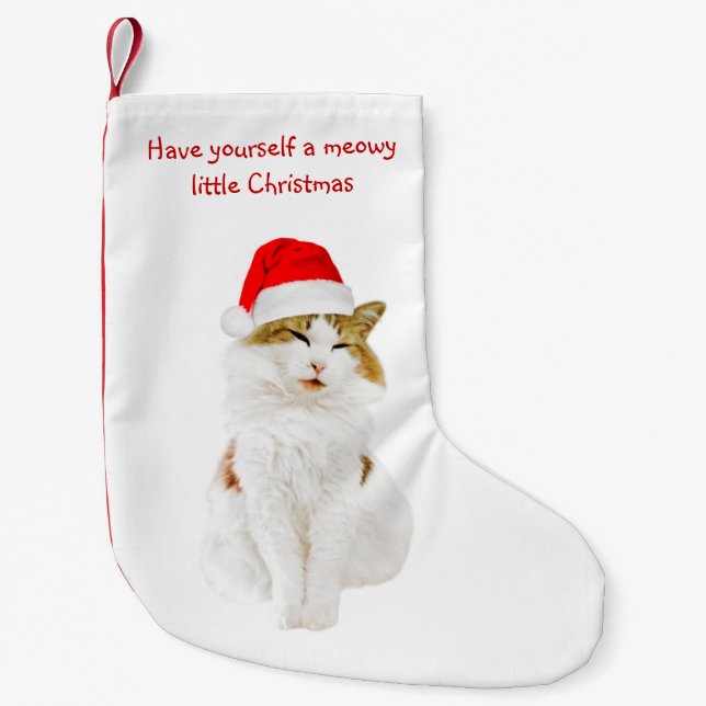 Cat with Santa's Hat Small Christmas Stocking (Front)