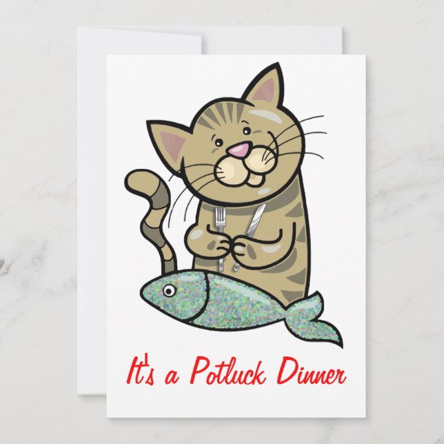 Cat with Seafood Dinner Potluck Invitation (Front)