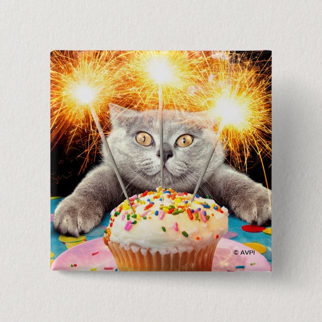 Cat With Sparkler Cupcake 2 Inch Square Button (Front)