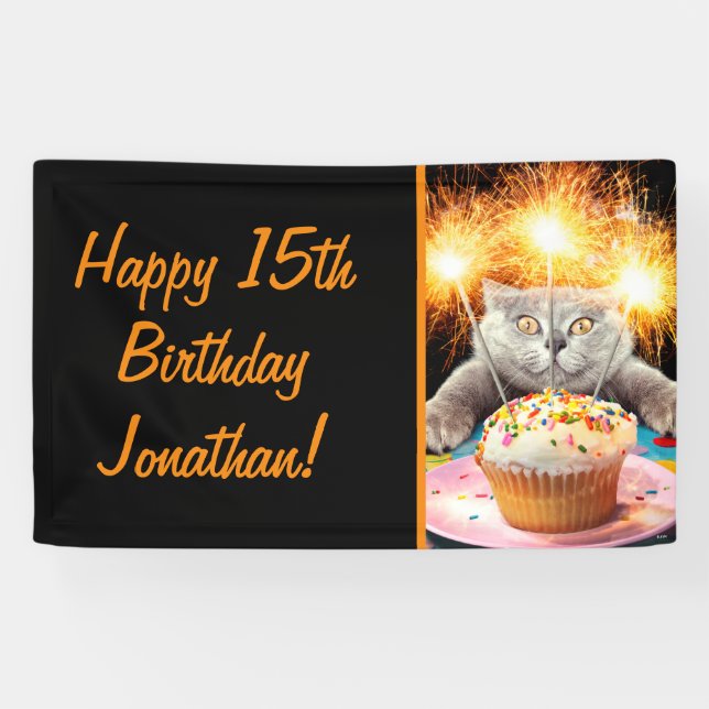 Cat With Sparkler Cupcake Banner (Horizontal)