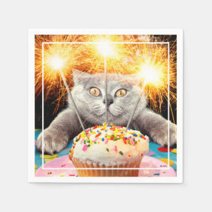 Cat With Sparkler Cupcake Napkin