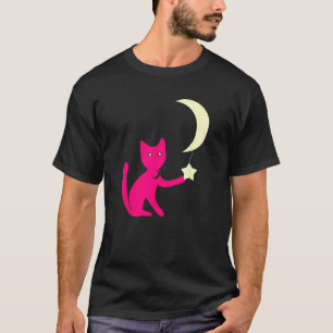 Cat With Star Eyes Playing With Crescent Moon Star T-Shirt