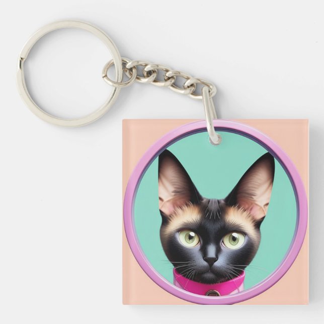 Cat With Striking Eyes by Circular Mirror Keychain (Front)