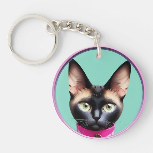 Cat With Striking Eyes by Circular Mirror Keychain (Front)