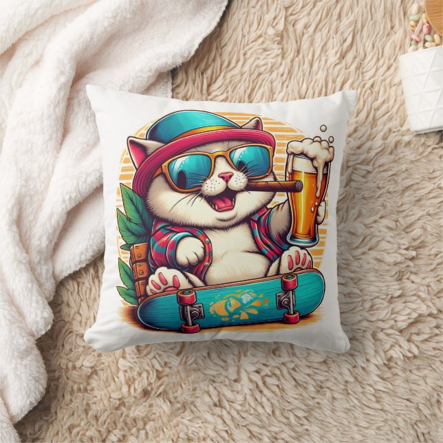 Cat with sunglasses celebrating on a skateboard throw pillow (Blanket)