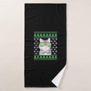 Cat with Sunglasses Meowy Ugly Christmas Sweater  Bath Towel