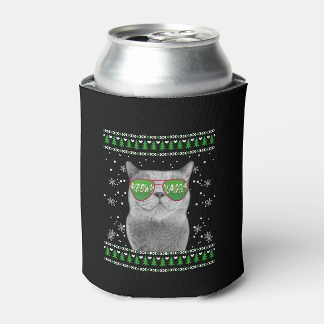 Cat with Sunglasses Meowy Ugly Christmas Sweater  Can Cooler (Can Front)