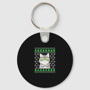 Cat with Sunglasses Meowy Ugly Christmas Sweater Keychain