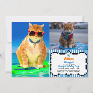 Cat with sunglasses surfing in the ocean invitation