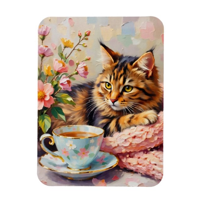 Cat with Tea Cup Magnet (Vertical)