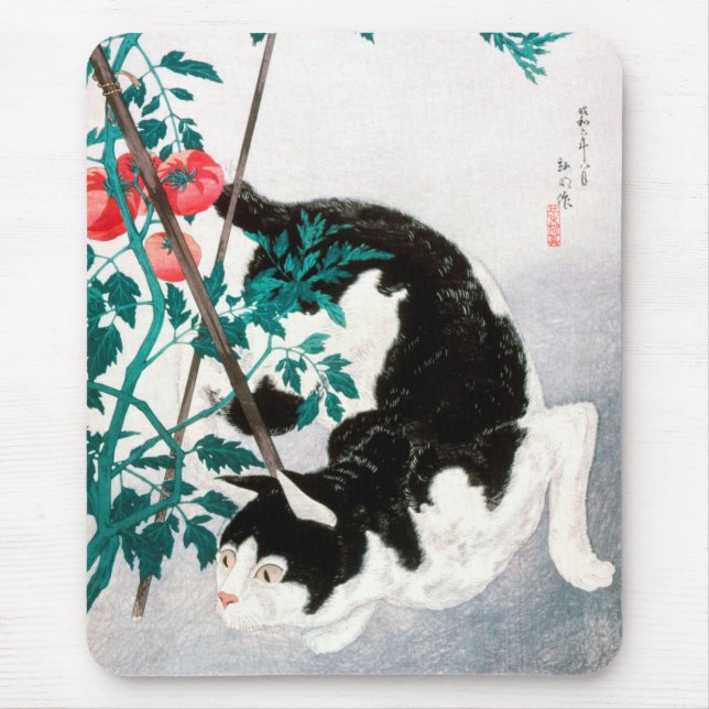 Cat with Tomato Plant (1931) by Hiroaki Takahashi Mouse Pad (Front)