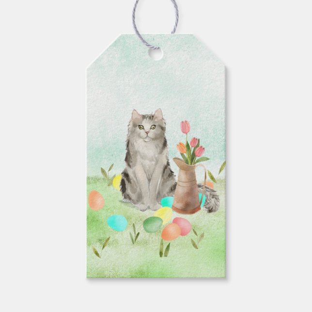 Cat with Tulips and Easter Eggs Gift Tag (Front)