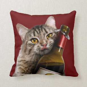 Cat With Wine Bottle Throw Pillow