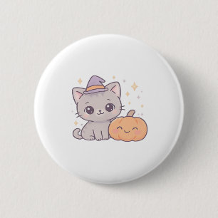 Cat with Witch Hat and Smiling Pumpkin Cute Spooky 2 Inch Round Button