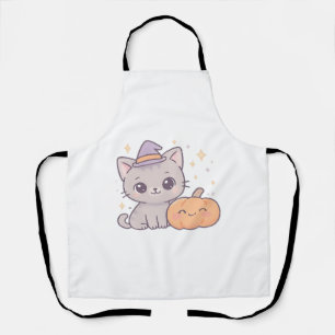 Cat with Witch Hat and Smiling Pumpkin Cute Spooky Apron