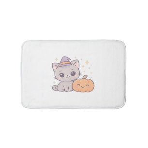 Cat with Witch Hat and Smiling Pumpkin Cute Spooky Bath Mat