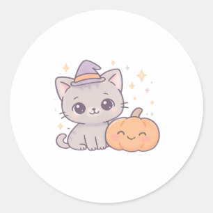 Cat with Witch Hat and Smiling Pumpkin Cute Spooky Classic Round Sticker
