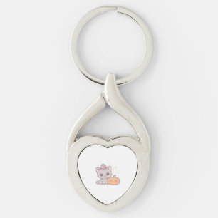 Cat with Witch Hat and Smiling Pumpkin Cute Spooky Keychain