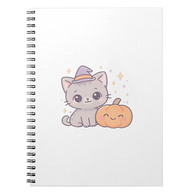Cat with Witch Hat and Smiling Pumpkin Cute Spooky Notebook (Front)