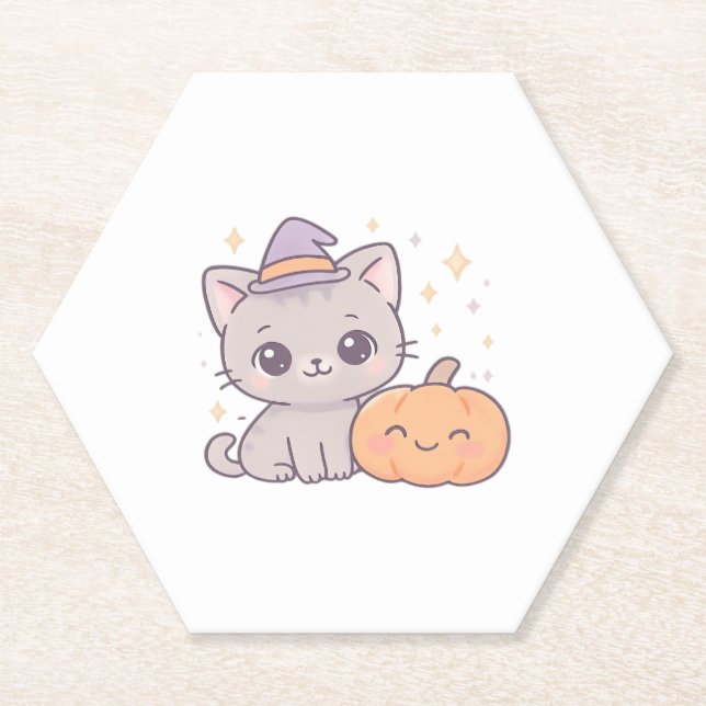 Cat with Witch Hat and Smiling Pumpkin Cute Spooky Paper Coaster (Front)