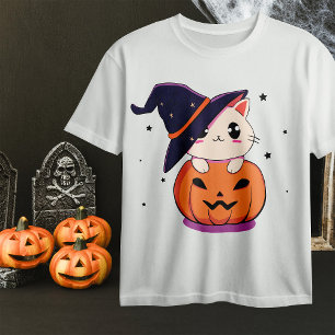 Cat with witch hat in Halloween Jack-O-Lantern T-Shirt