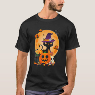 Cat With Witch Hat Pumpkin Bat Moon Cat  Halloween T-Shirt