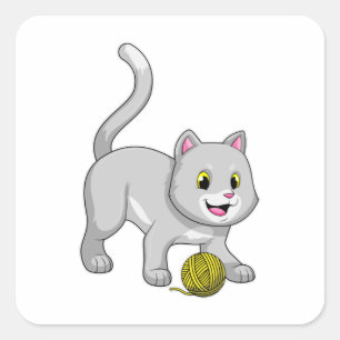 Cat with Wool yarn ball Square Sticker