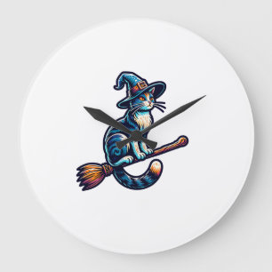 Cat Wizard Halloween Witch Mystical Cat Lovers Hal Large Clock