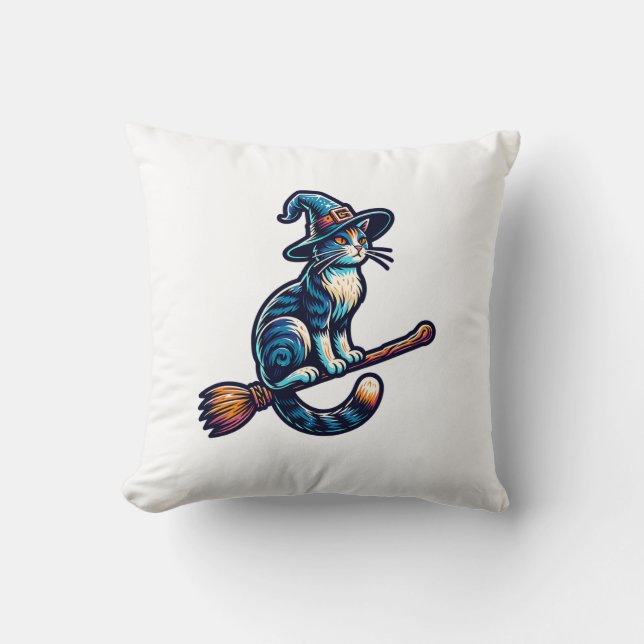 Cat Wizard Halloween Witch Mystical Cat Lovers Hal Throw Pillow (Front)