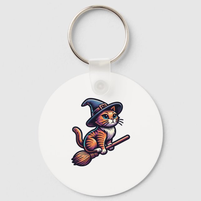Cat Wizard Halloween Witch Mystical Cat Lovers  Keychain (Front)