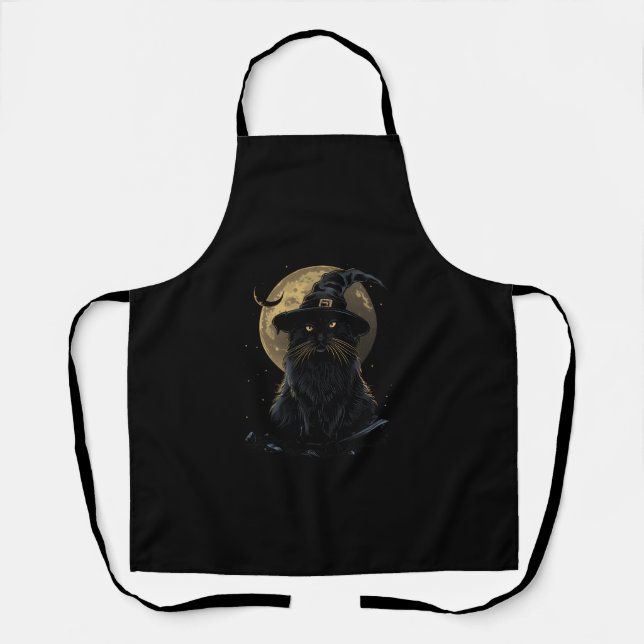 Cat Wizard Hat Funny Cute Witch Halloween Costume  Apron (Front)