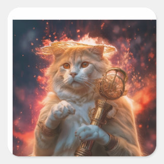 Cat Wizard With Magic Staff Amidst Flames Square Sticker