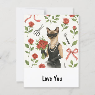 Cat Woman in Black dress  holds red roses  Postcard