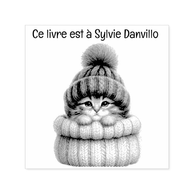 Cat wooden insert with wool hat. self-inking stamp (Design)
