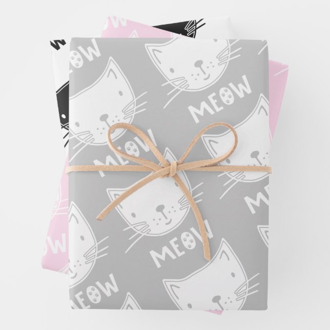 Cat Wrapping Paper Cute Girly Pink Kitten Pattern (In situ)