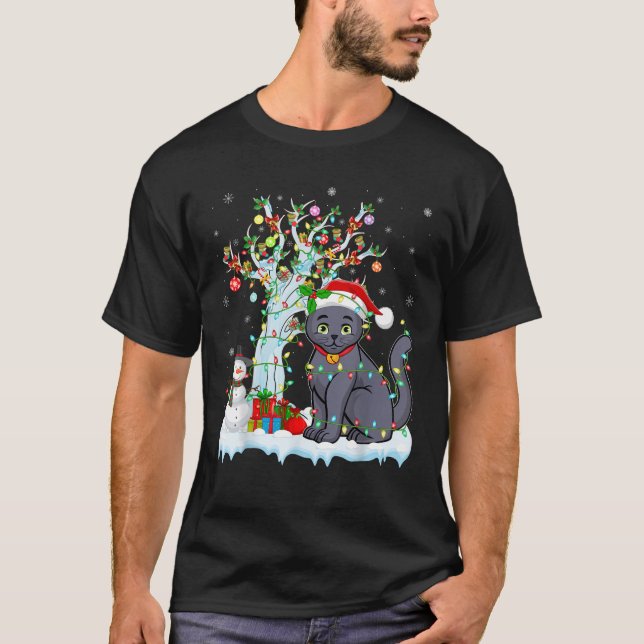 Cat Xmas Lighting Tree Santa Hat Russian Blue Cat  T-Shirt (Front)