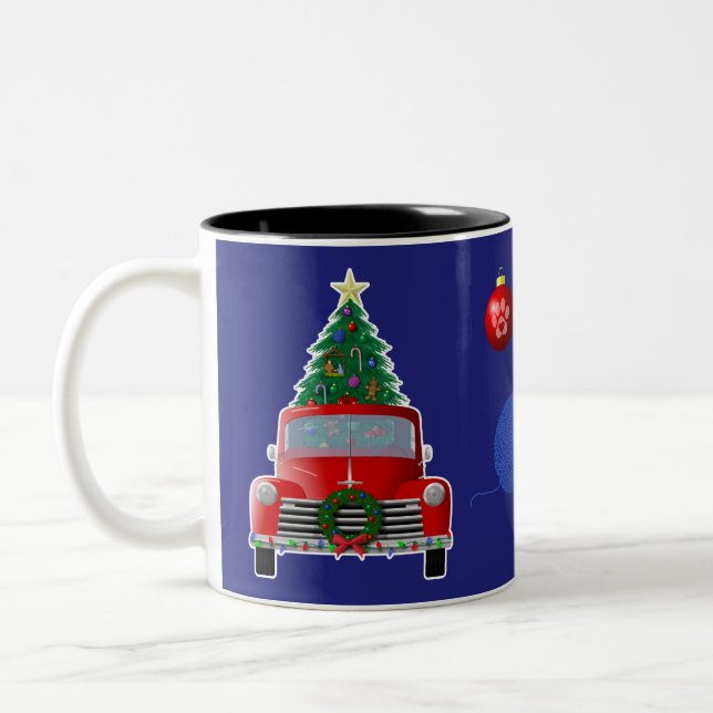 Cat Yarn Christmas Tree Little Red Truck Two-Tone Coffee Mug (Left)