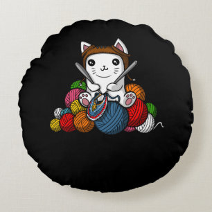 Cat Yarn Knitting Cute Kitten Pet Round Pillow