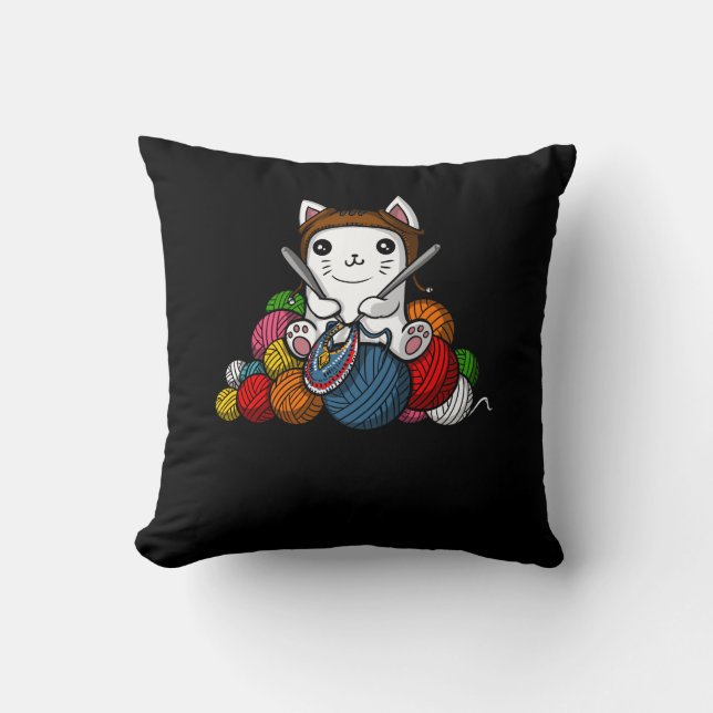 Cat Yarn Knitting Cute Kitten Pet Throw Pillow (Front)